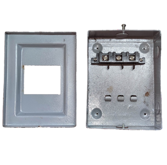 Metal two piece electrical box and cover for plug-in GE TQL panel board with screw terminal connections