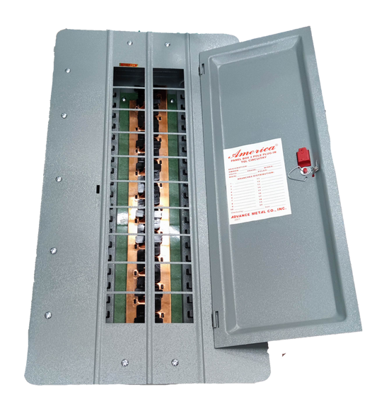Gray America panel board 18 holes plug in electrical circuitry with open door and visible copper components