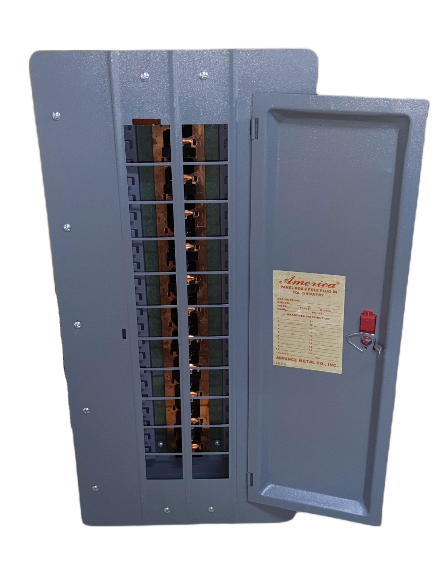 America electrical panel board 20 branches with open gray metal cover and circuit breakers