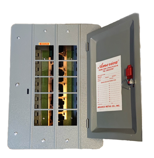 America panel board for 2 pole circuit breaker with open gray metal door showing internal wiring