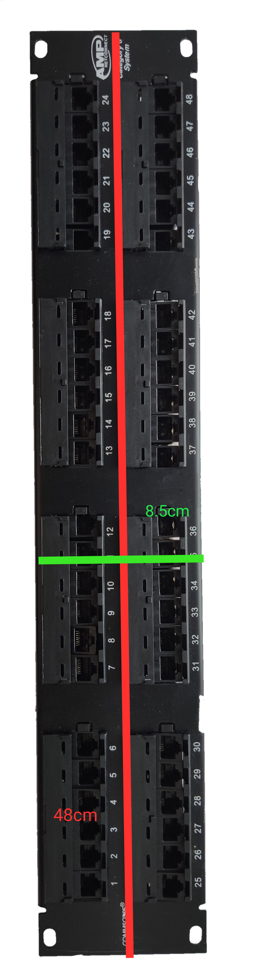 AMP CAT 6 patch panel 48 port black network access point with labeled ports and measurements