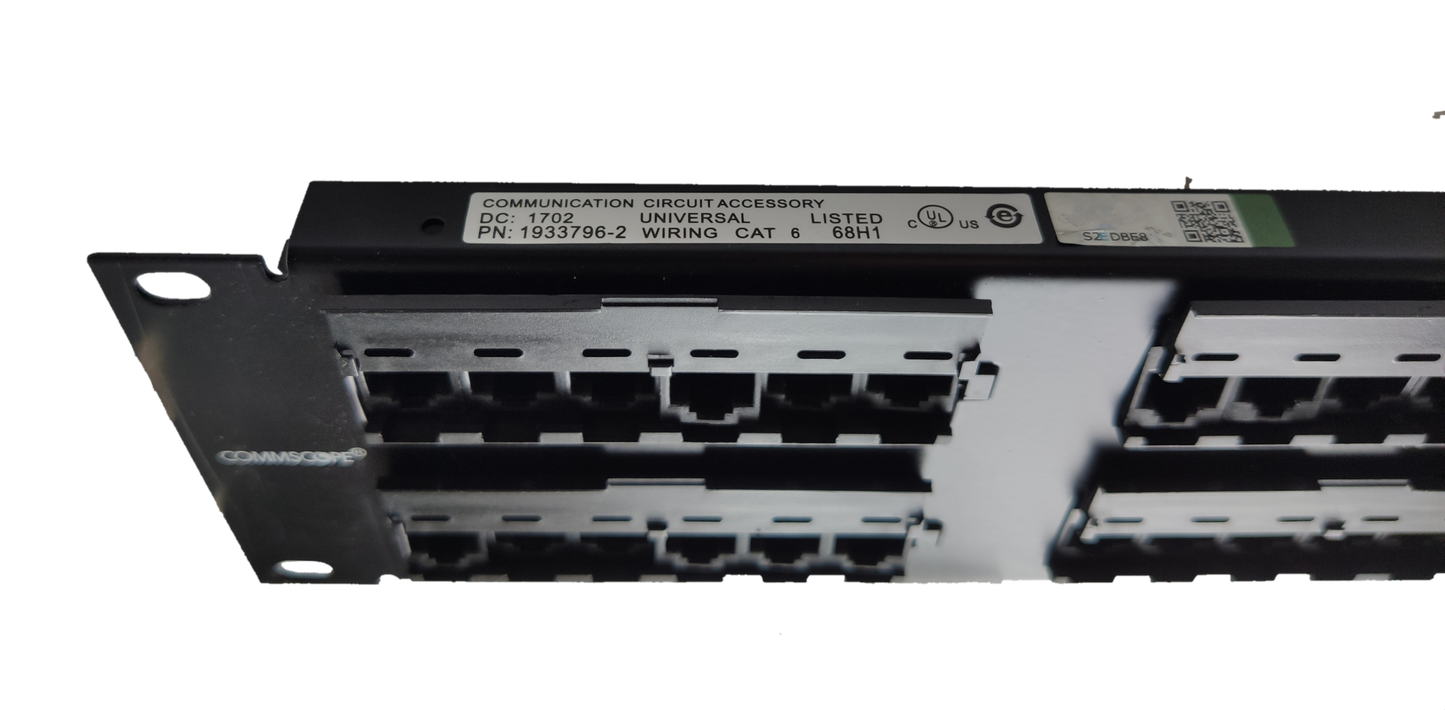 Close-up of AMP CAT 6 patch panel 48 port for network access points with multiple Ethernet ports