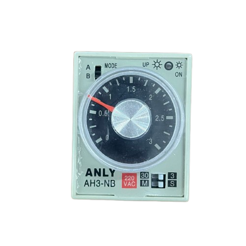 Front view of beige timer relay with black dial red pointer and 220V label anly ah3nb analogue timer relay 220v