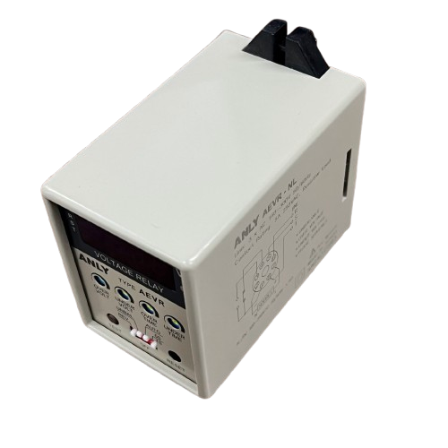 Anly digital 3 phase voltage relay beige control box with front LEDs sockets and wiring diagram