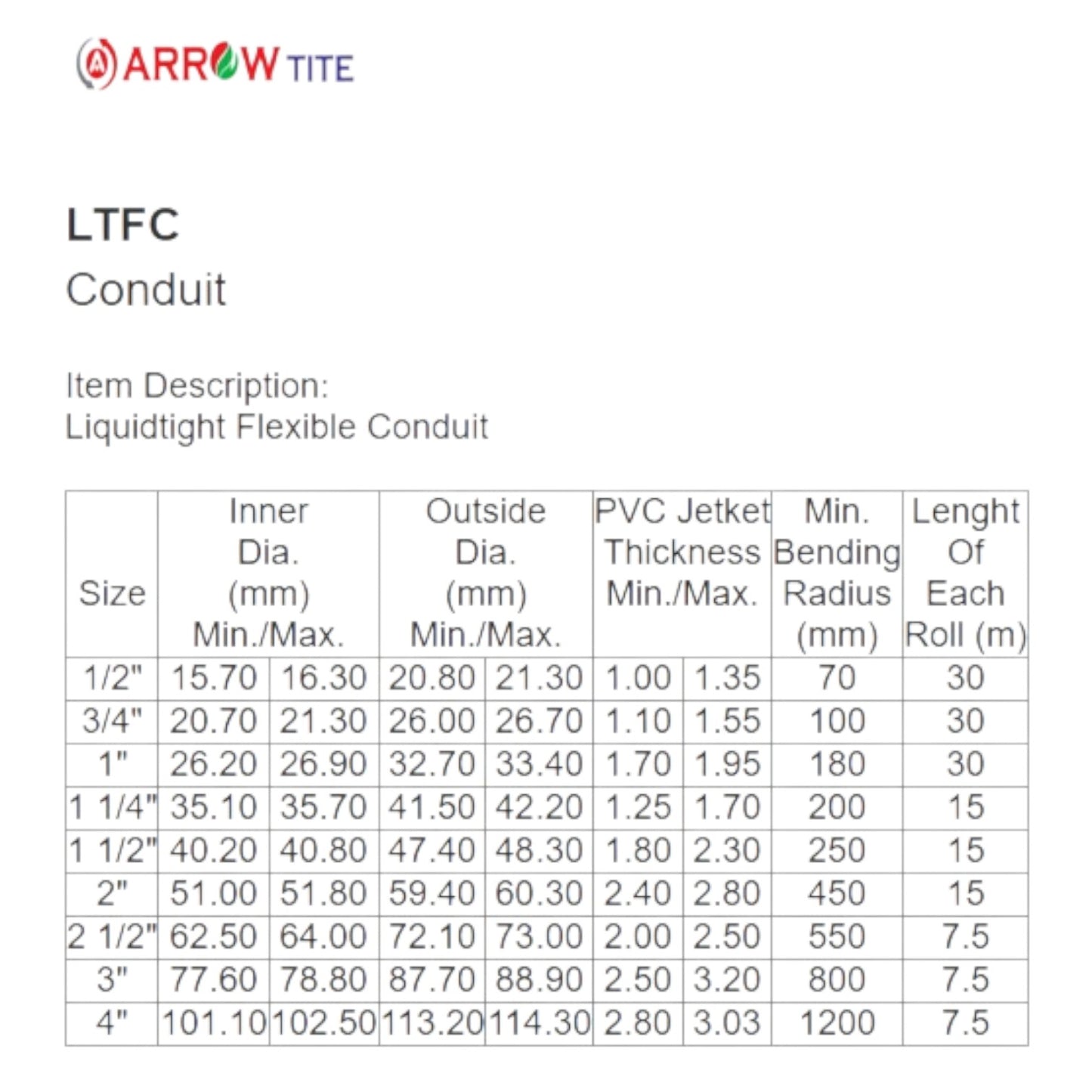 Arrowtite LTFC conduit specification sheet showing Liquidtight Flexible Hose 3 inch 80mm dimensions and table
