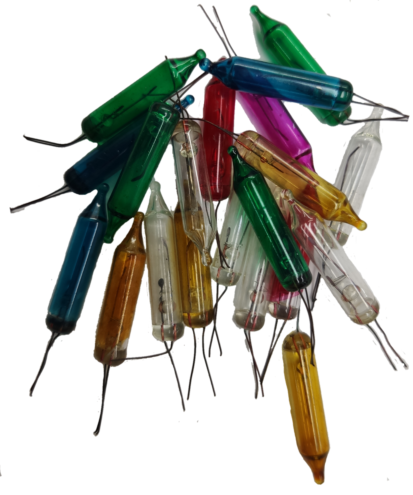 Assorted Christmas light bulbs in various colors including green, red, and yellow for festive decorations