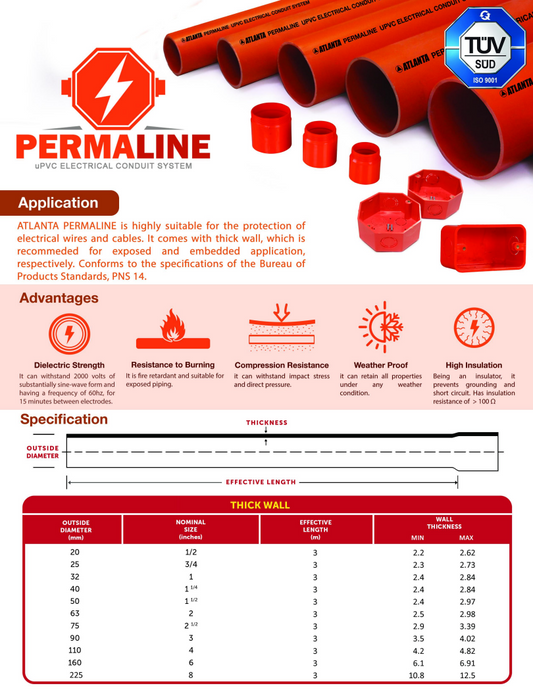 225mm PVC Electrical Pipes by Atlanta in red color with caps and certification label
