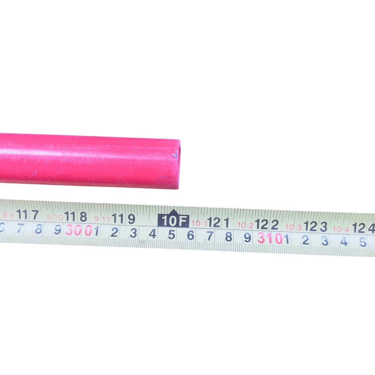 Red 25mm Permaline PVC conduit pipe next to measuring tape showing length from Atlanta