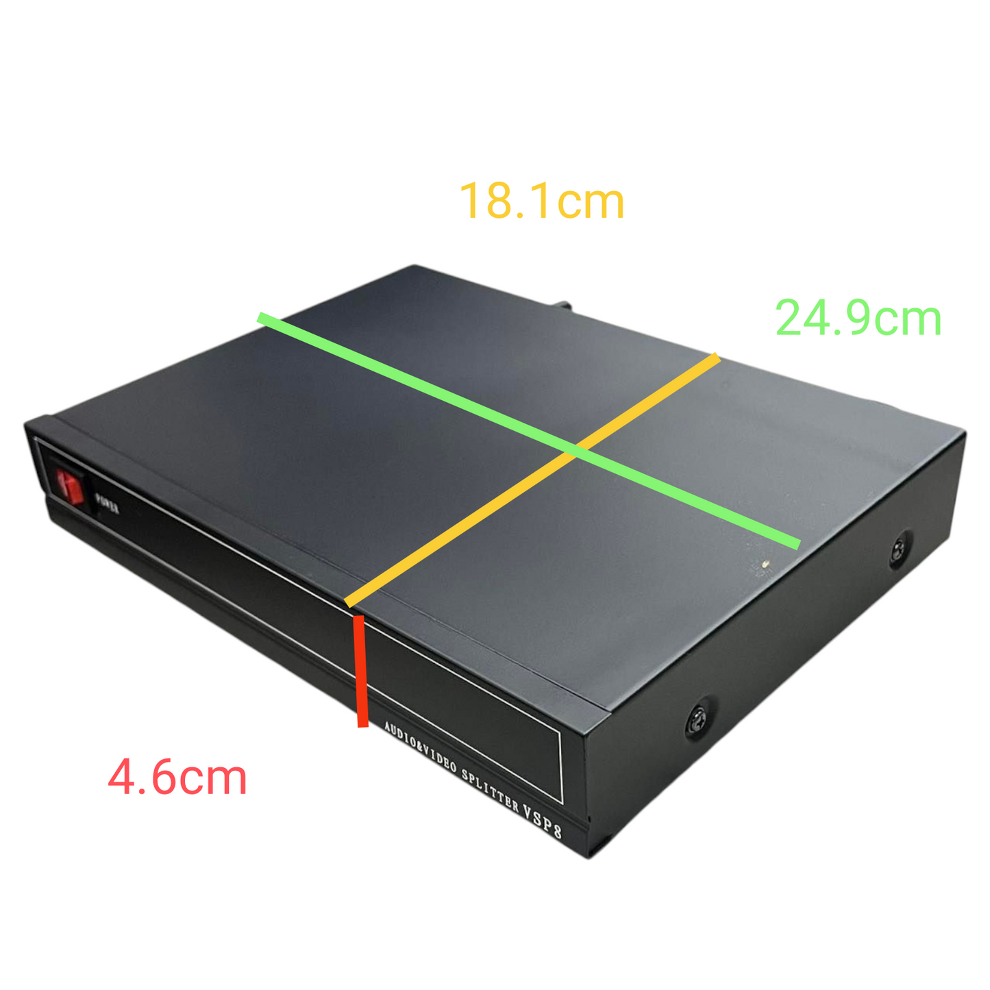 Grippes black audio video splitter 1 in 8 out device with power switch and compact design