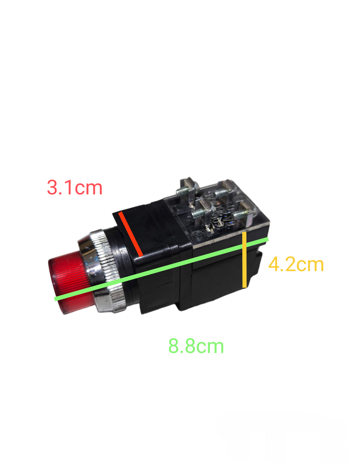 Auspicious 220V red illuminated push button switch with black body and silver ring, showing dimensions