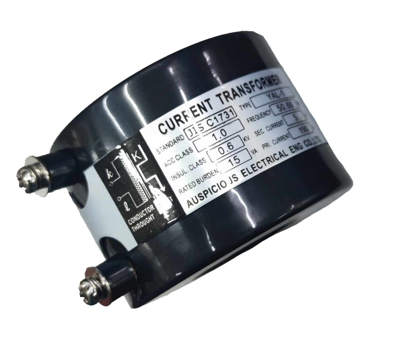 Auspicious current transformer 150 to 5 ratio cylindrical unit with dual terminal studs and product label for door chimes and bells