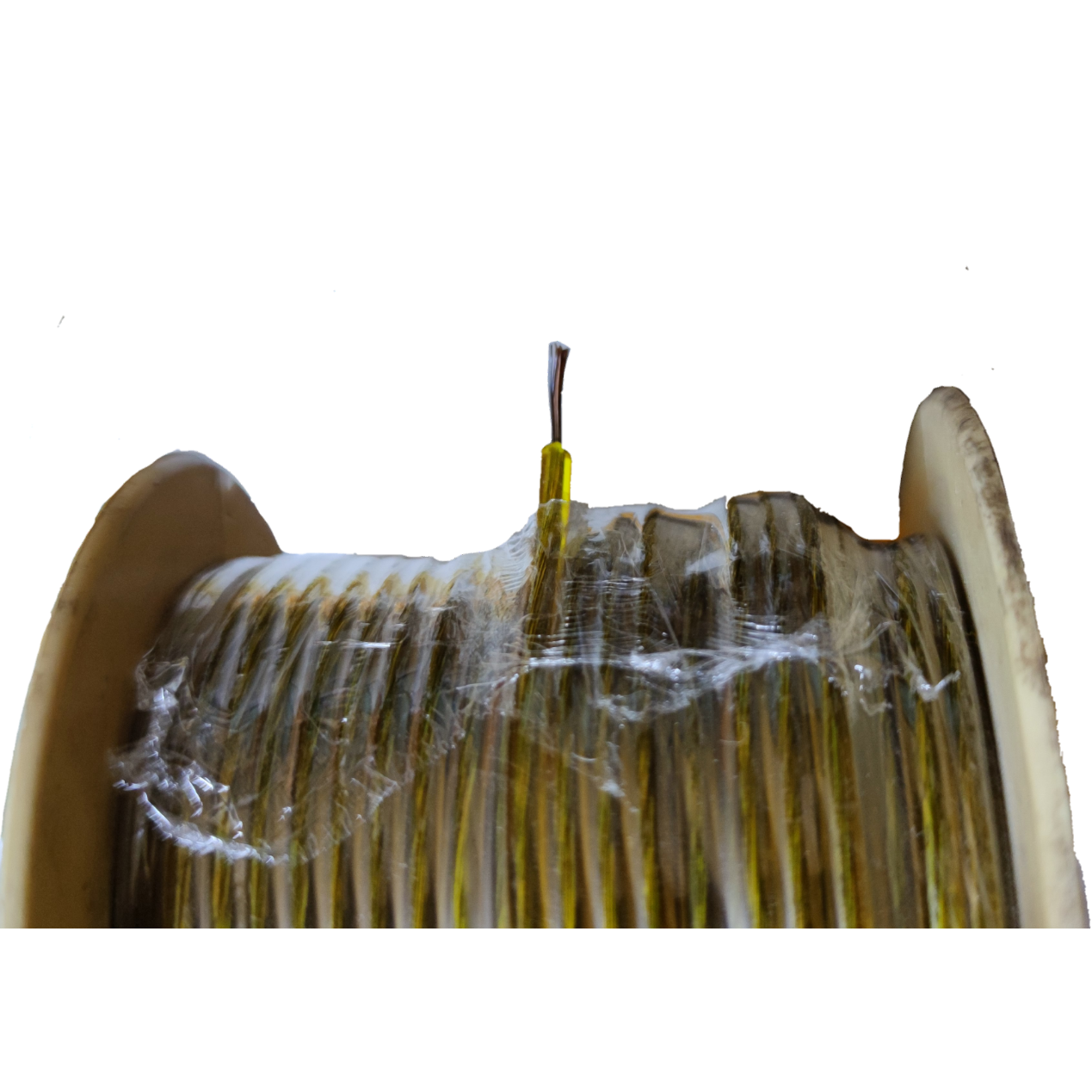 Win clear insulated automotive wire roll on beige spool with exposed conductor and protective plastic wrap