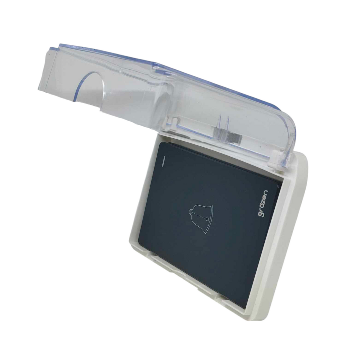 A portable electronic device with a dark screen inside a white case, covered by a transparent protective lid, shown on a plain white background.
