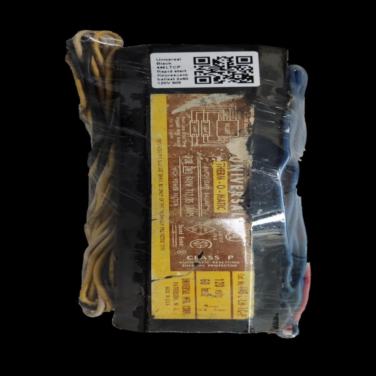 Universal 2x40W 110V AC ballast for fluorescent tubes with wiring connections and label details