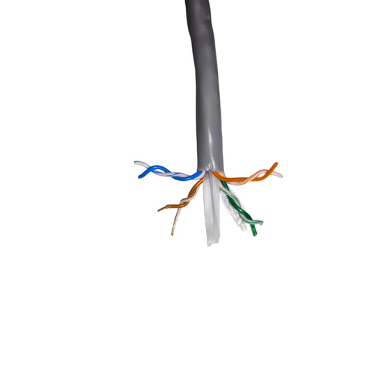 Belden Cat6 cable 300 meters with twisted pairs of wires exposed from gray outer jacket