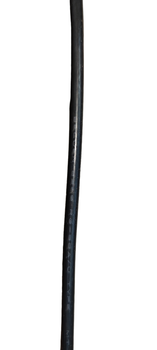 Black Belden RG58 coaxial cable wire used for reliable signal transmission in electronic setups