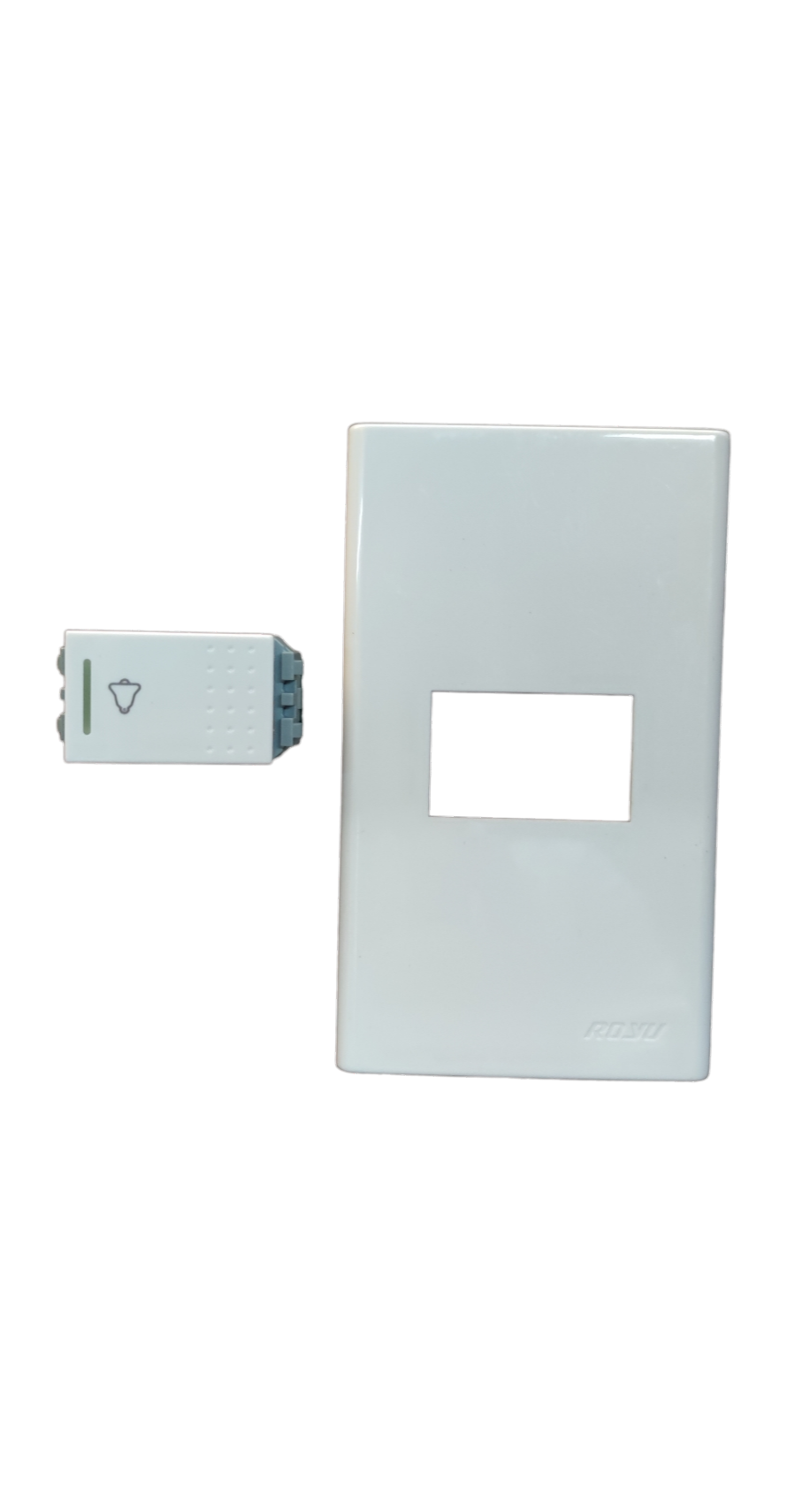 Royu Bell Switch with Plate 10A 220V white door chime component with rectangular plate on black background