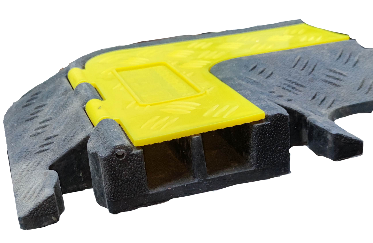 Grippes 2 channel cable ramp protector with yellow hinged lid for cable management and floor protection