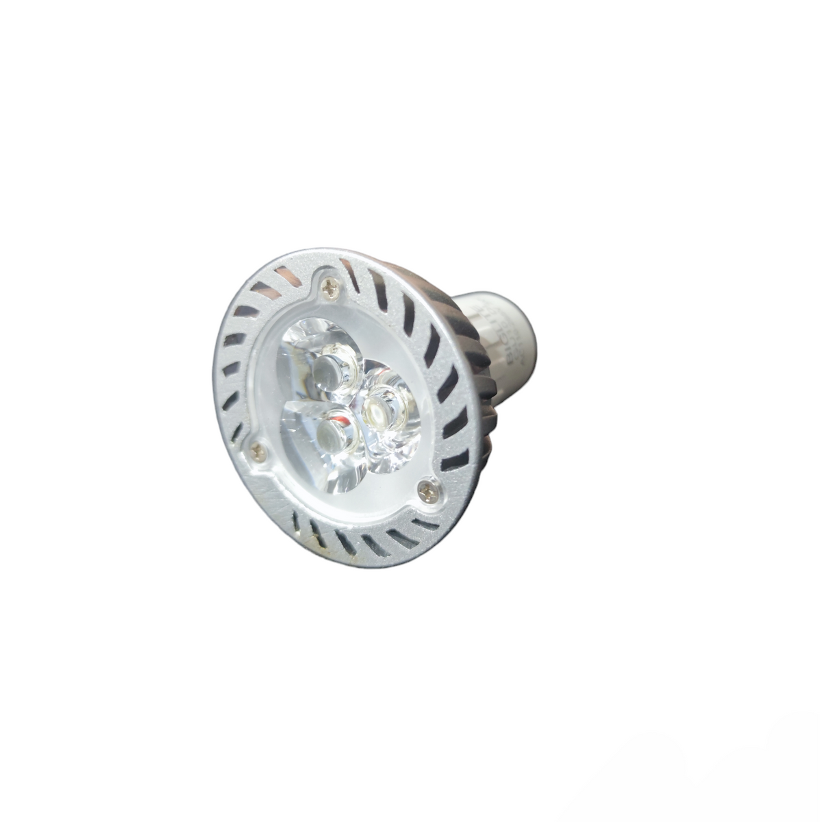 Biglite 3W LED MR16 GU10 bulb with silver heat sink and clear lens for focused lighting