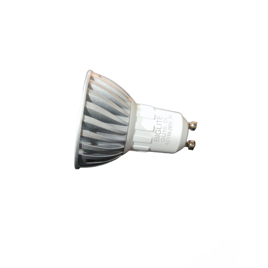 Biglite 3W LED MR16 GU10 bulb with silver heat sink and white base for energy-efficient lighting
