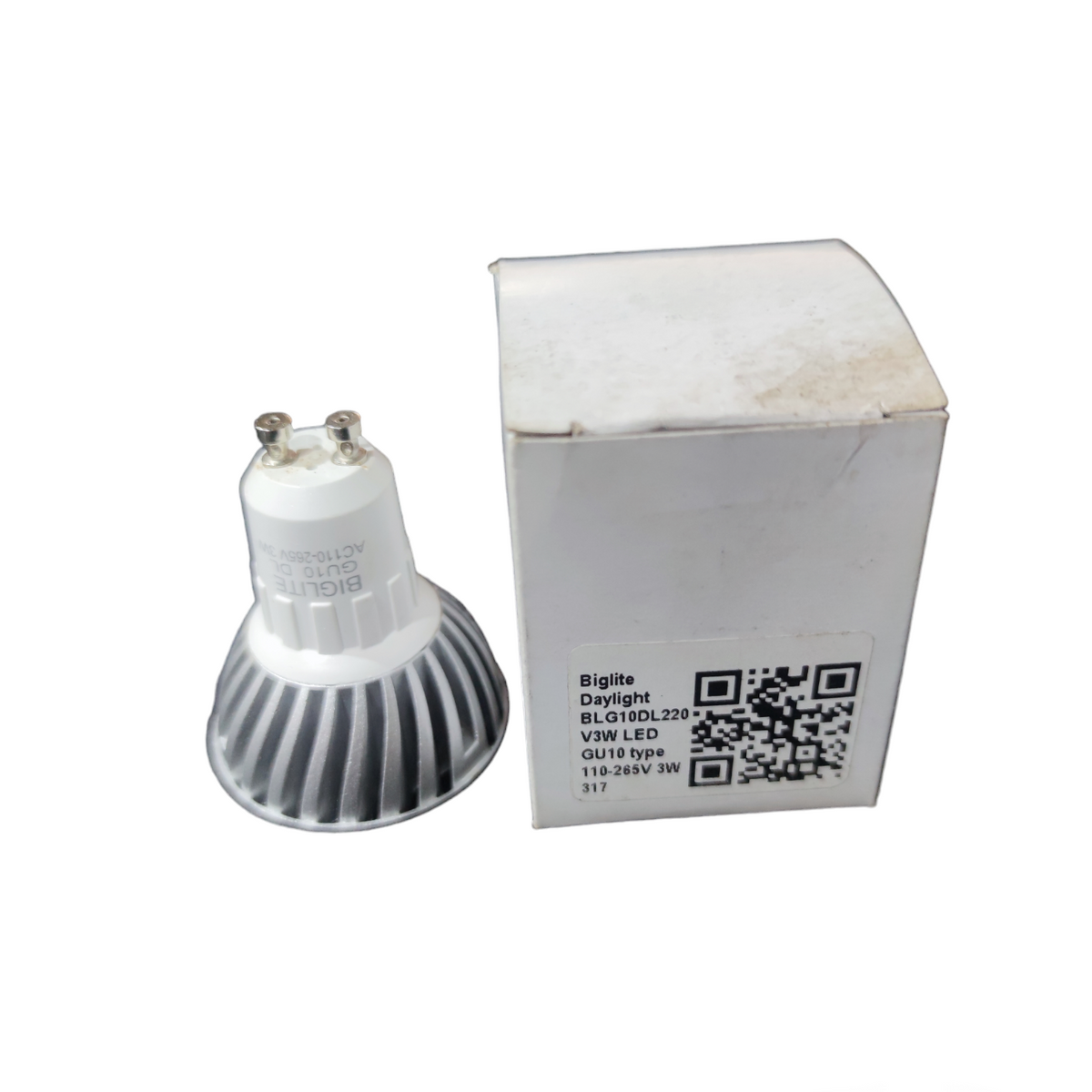 Biglite 3W LED MR16 GU10 bulb next to its white packaging box for energy-efficient lighting