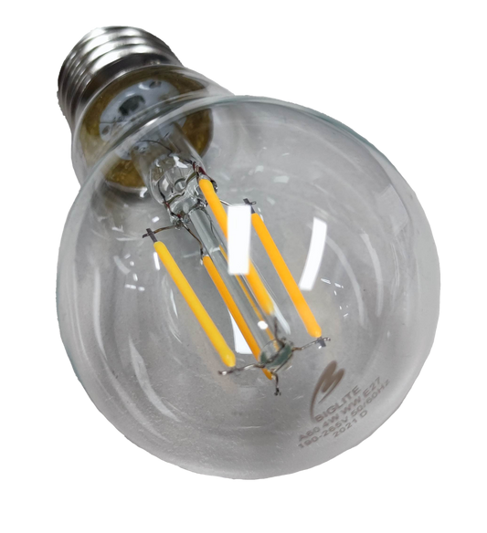 Biglite 4W LED filament bulb with clear glass and visible yellow filaments for energy-efficient lighting