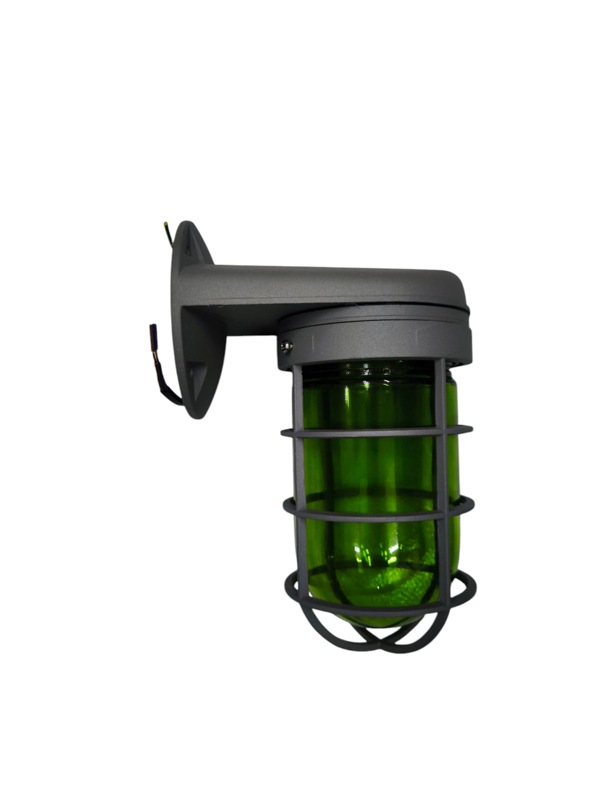 Biglite 60W outdoor vapor lamp with green glass and black metal protective cage wall mount
