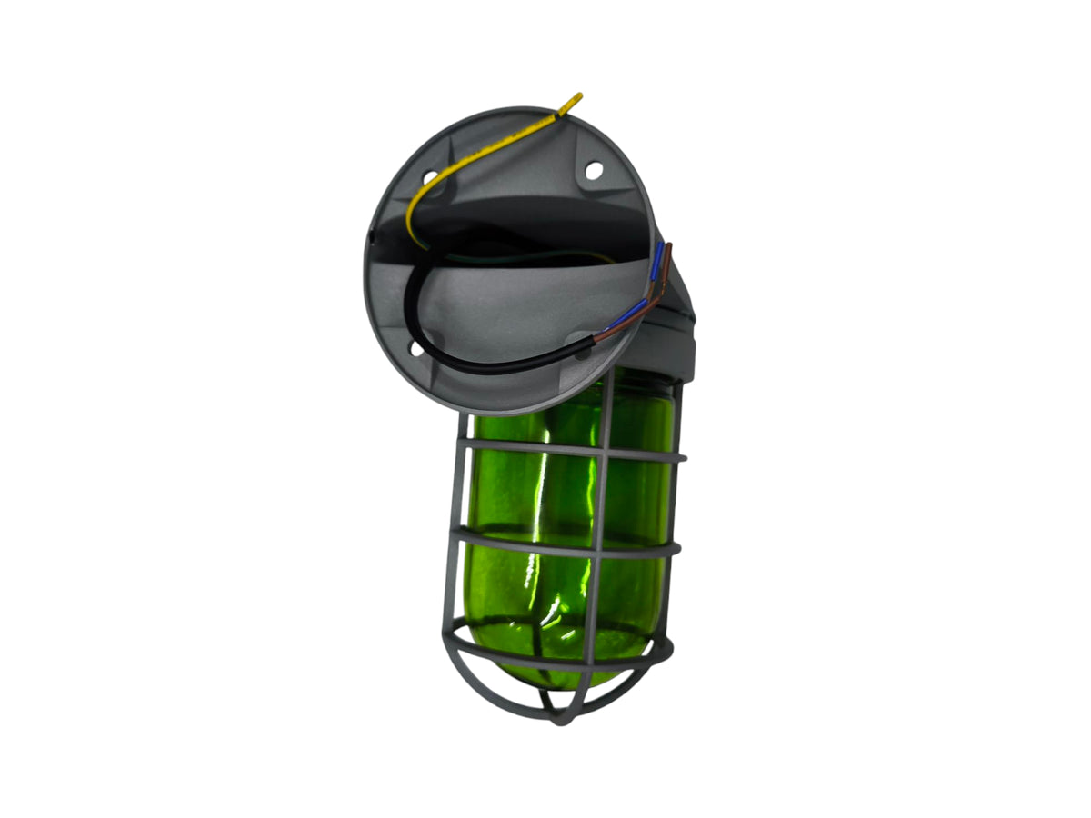 Biglite 60W outdoor vapor lamp with green glass and protective metal cage for lighting installation