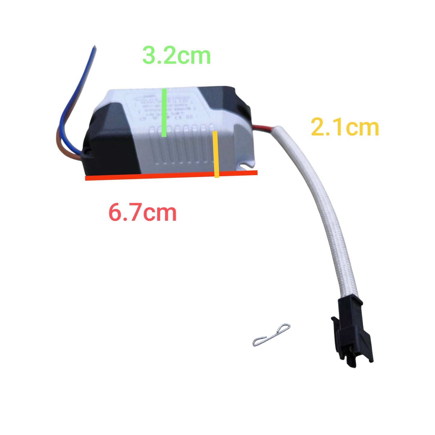Biglite LED Driver 4-5W Input 100-220V compact white power supply with blue brown wires braided cable connector and size markings