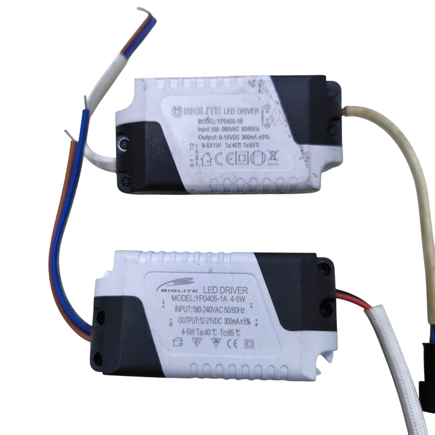 Biglite power supplies showing two white LED Driver 4-5W Input 100-220V modules with wires