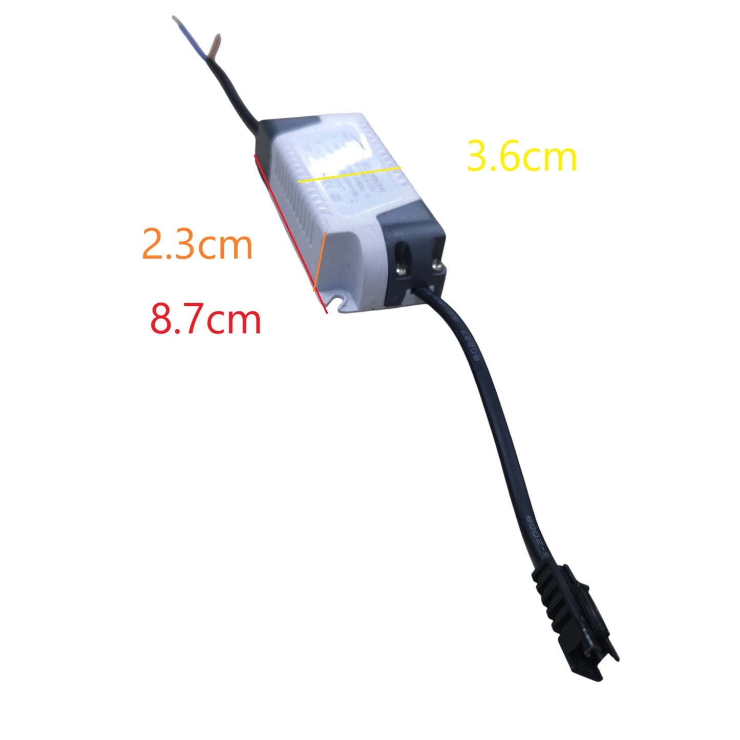 Compact LED Driver 8-12W Input 180-240V rectangular white plastic power supply with input wires and black output cable