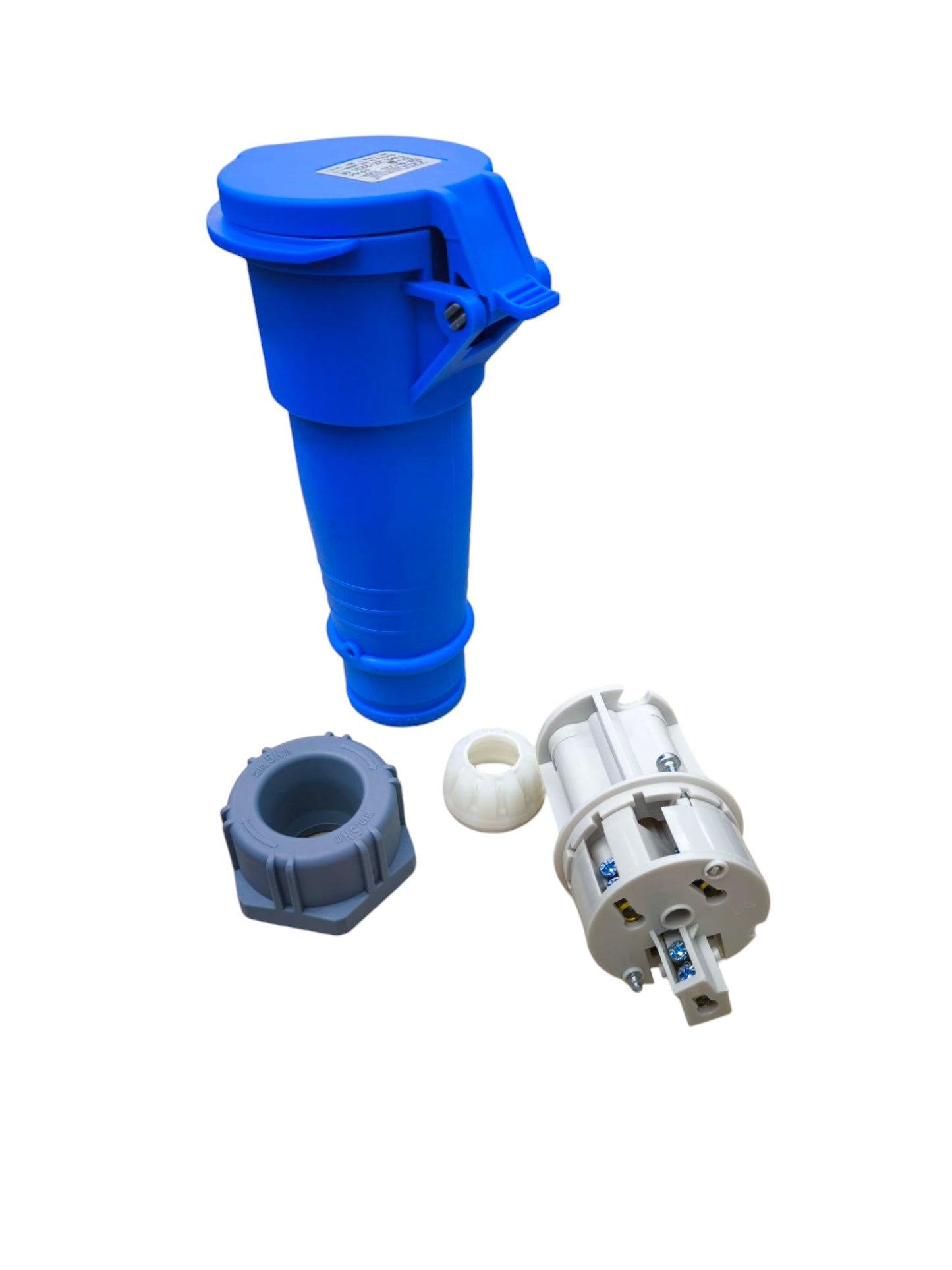Grippes 32A industrial outlet connector blue casing with internal wiring components separated