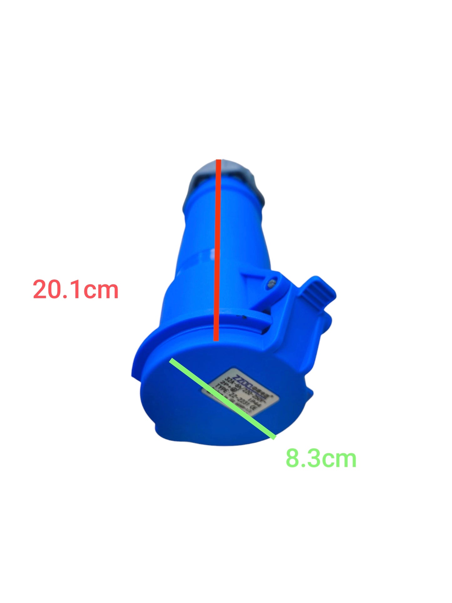 Grippes 32A industrial outlet connector in blue with cap and locking mechanism