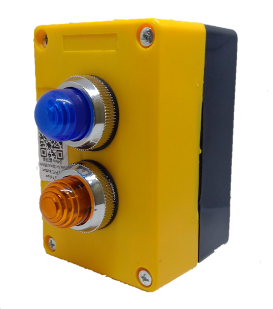 Blue and yellow pilot lamp 220V with Box featuring two illuminated indicators for work and safety applications
