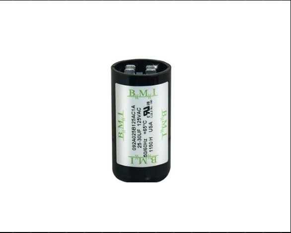 BMI 25-30mfd 125v capacitor in a cylindrical shape with green and white labeling
