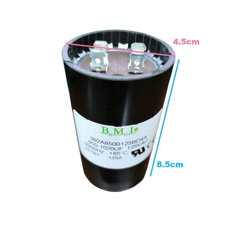 BMI 850-1020UF Starting Capacitor for Electrical Circuitry with dimensions of 4.5cm by 8.5cm