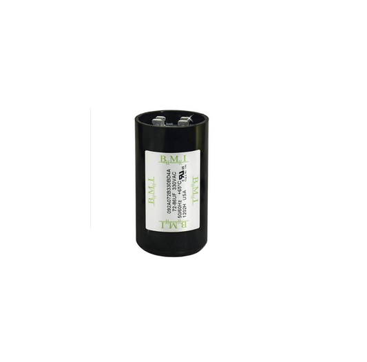 BMI capacitor 72-86MFD 125V AC with sturdy black casing designed for electrical applications