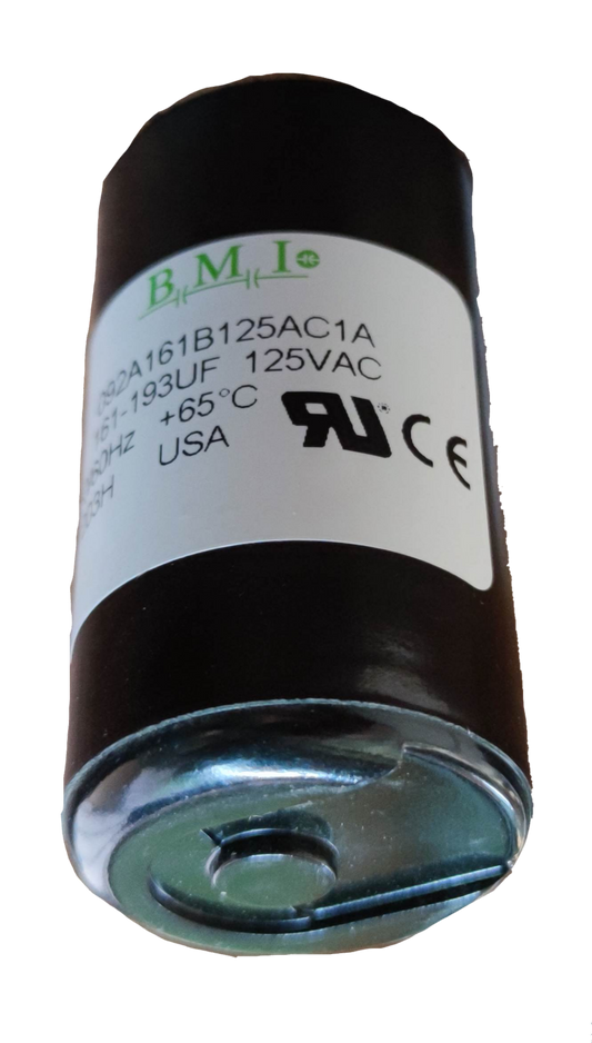 BMI motor starting capacitor 161-193 uf black cylindrical electrical component with white label