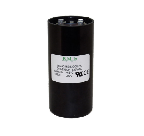 BMI motor starting capacitor 216-259UF 300VAC with a black casing and label information