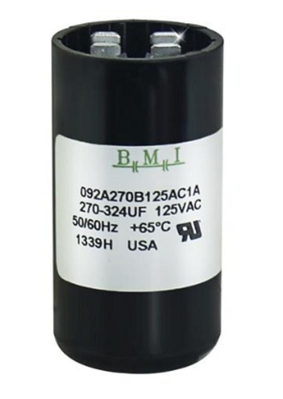 BMI Motor Starting Capacitor 270-324 UF black cylindrical electrical part with label