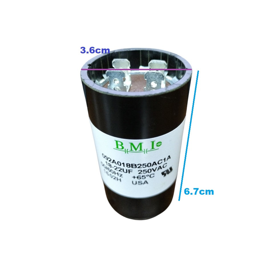 BMI Starting Capacitor 18-22UF 250V with a cylindrical design and connection terminals