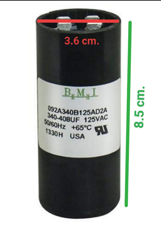 BMI Starting capacitor 340-408uf 125V with dimensions of 3.6 cm by 8.5 cm for electrical applications