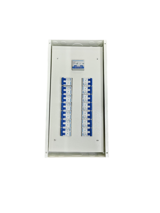 Chint and Koten 14 branch circuit breaker panel with blue and white breakers in a white metal enclosure