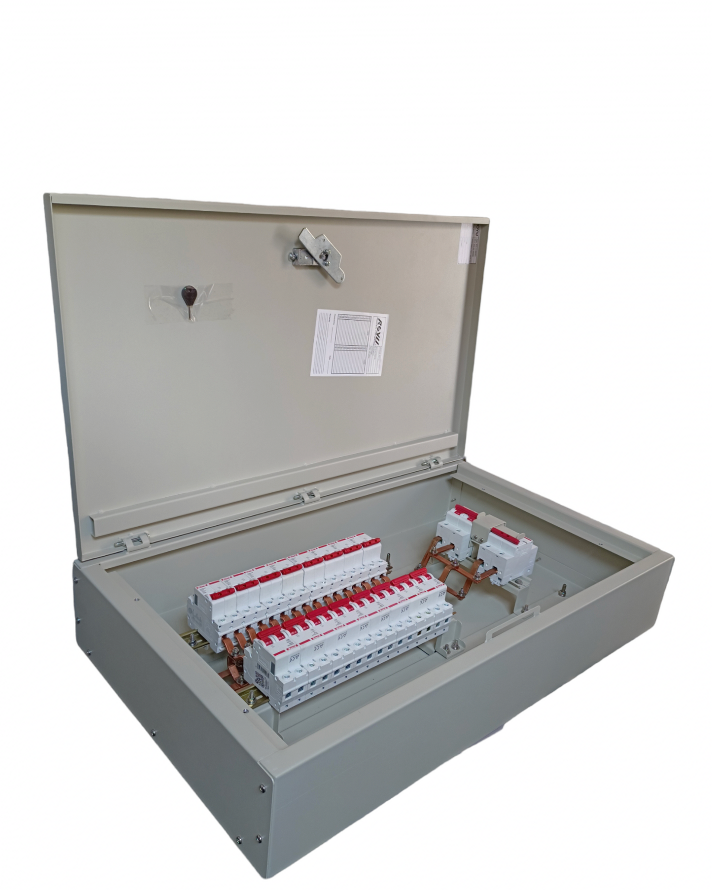Himel 16 branch circuit breaker panel with open metal enclosure and multiple breakers