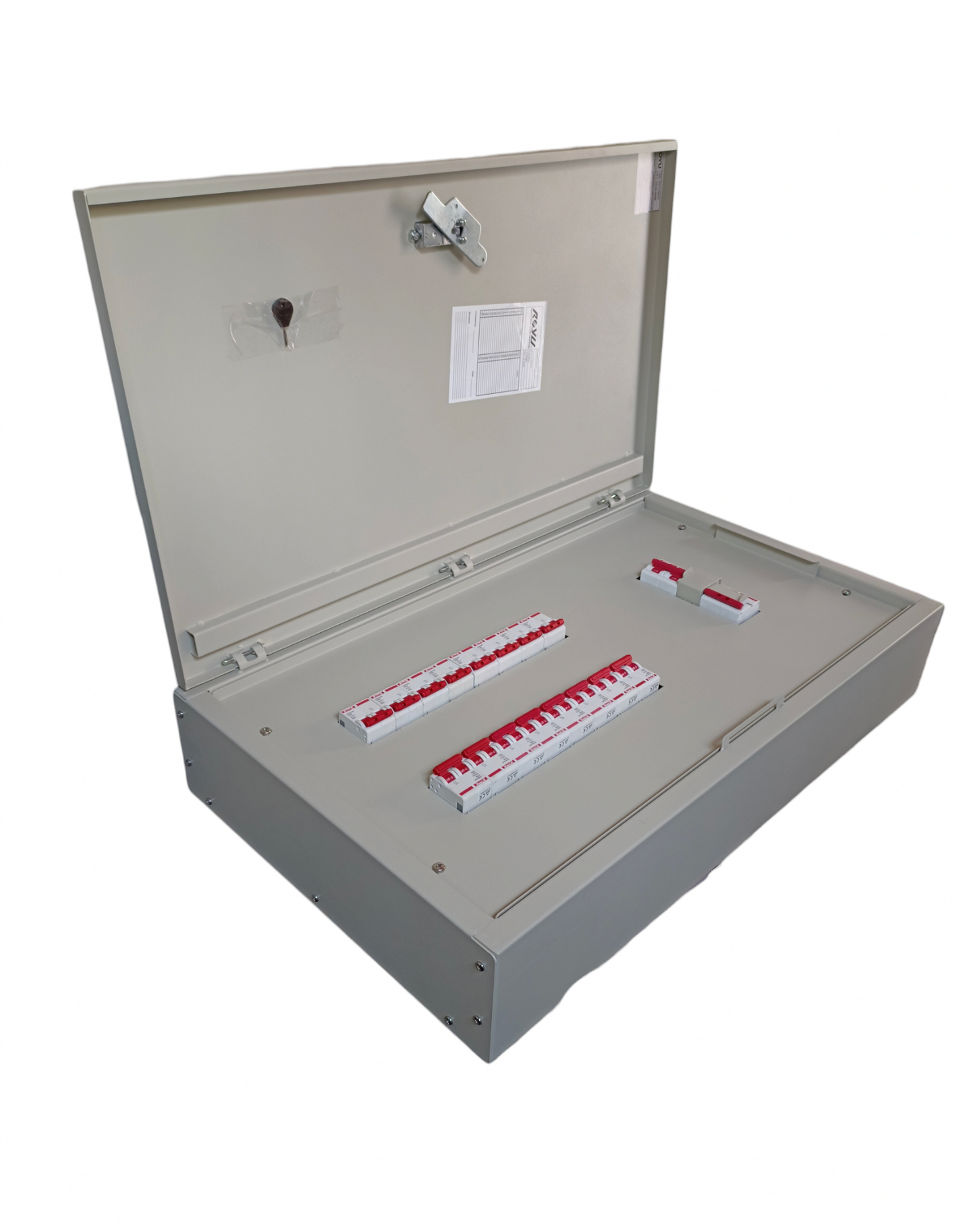 Himel 16 branch circuit breaker panel with open metal enclosure and red switches
