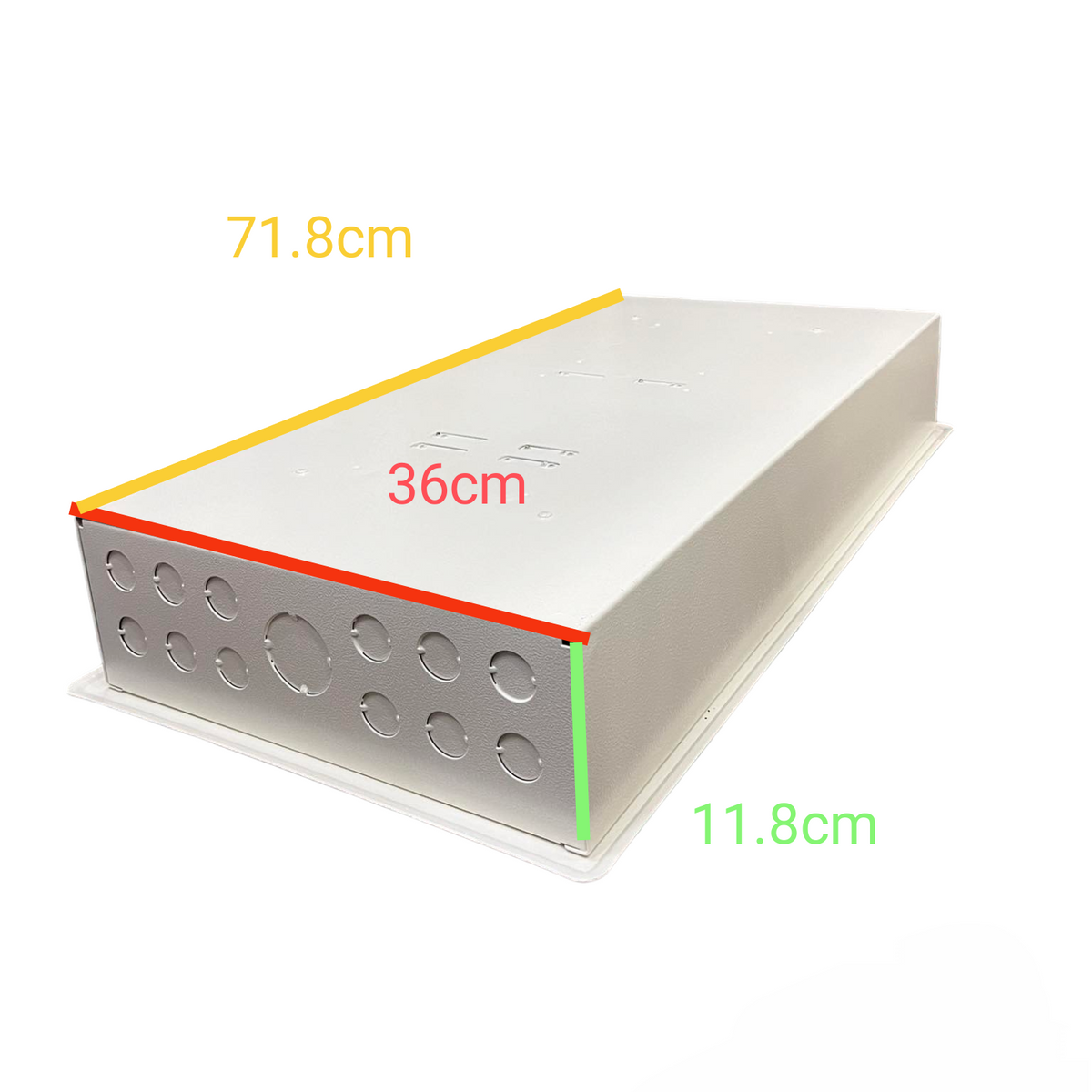 Koten 175A 2P Main and 10 Branches Panel white metal enclosure with multiple knockout holes and dimensions displayed