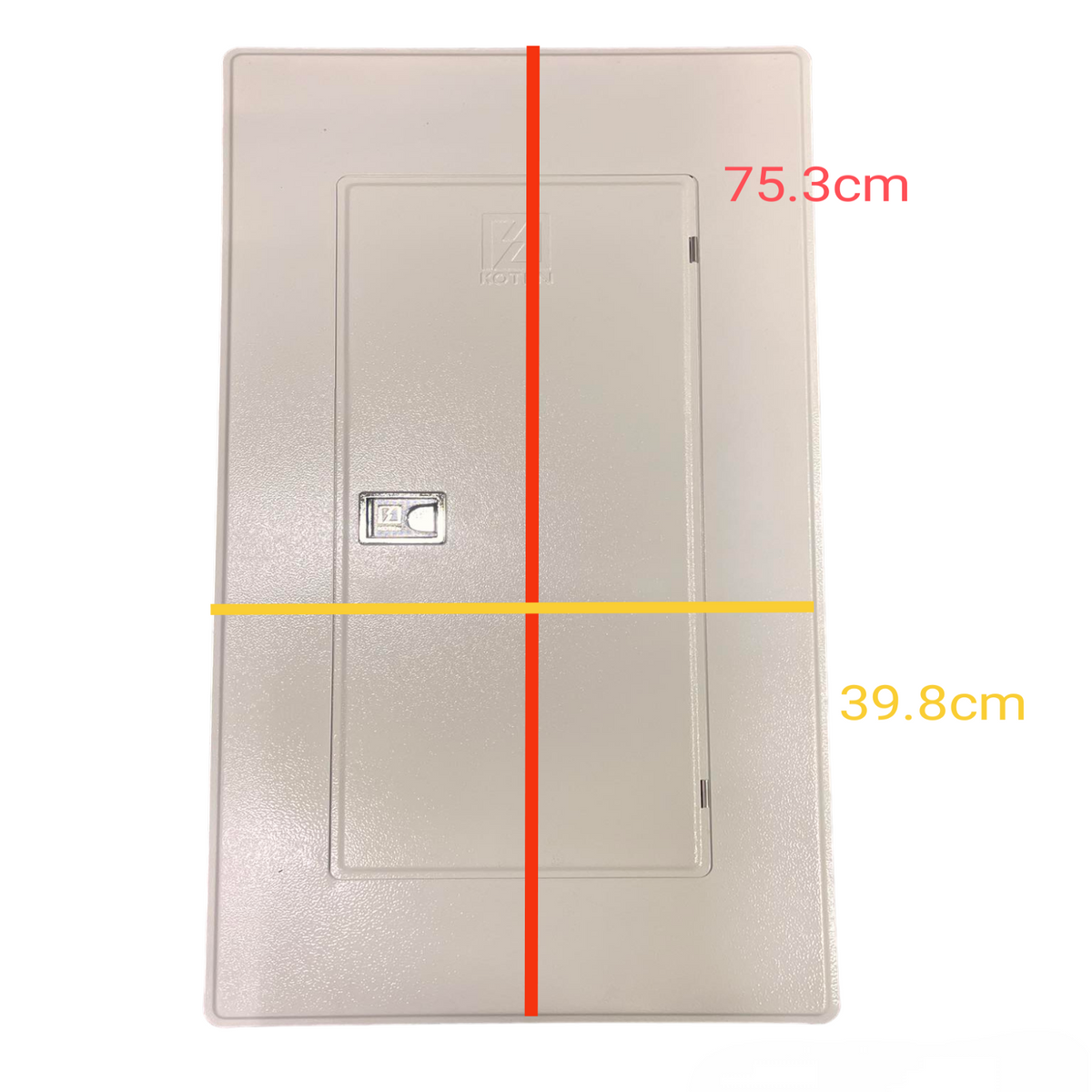 Koten beige distribution panel with hinged door and latch showing 75.3cm x 39.8cm dimensions 175A 2P Main and 10 Branches Panel.