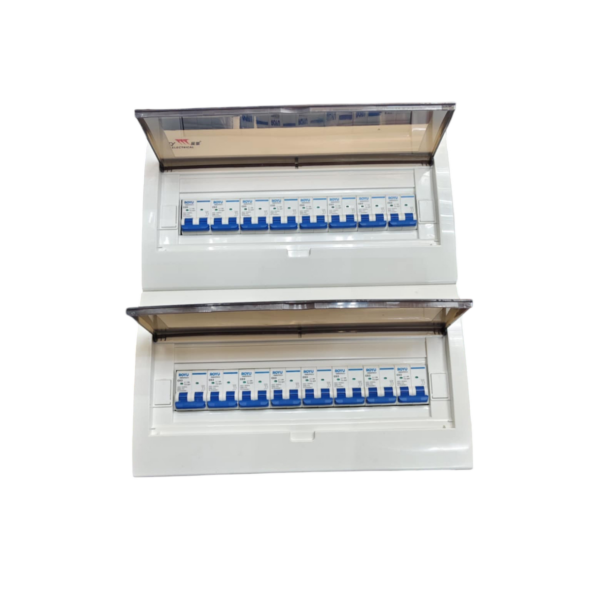 Royu & ZY Breakers Panel Board 50A 2 Pole Main with multiple circuit breakers in white casing