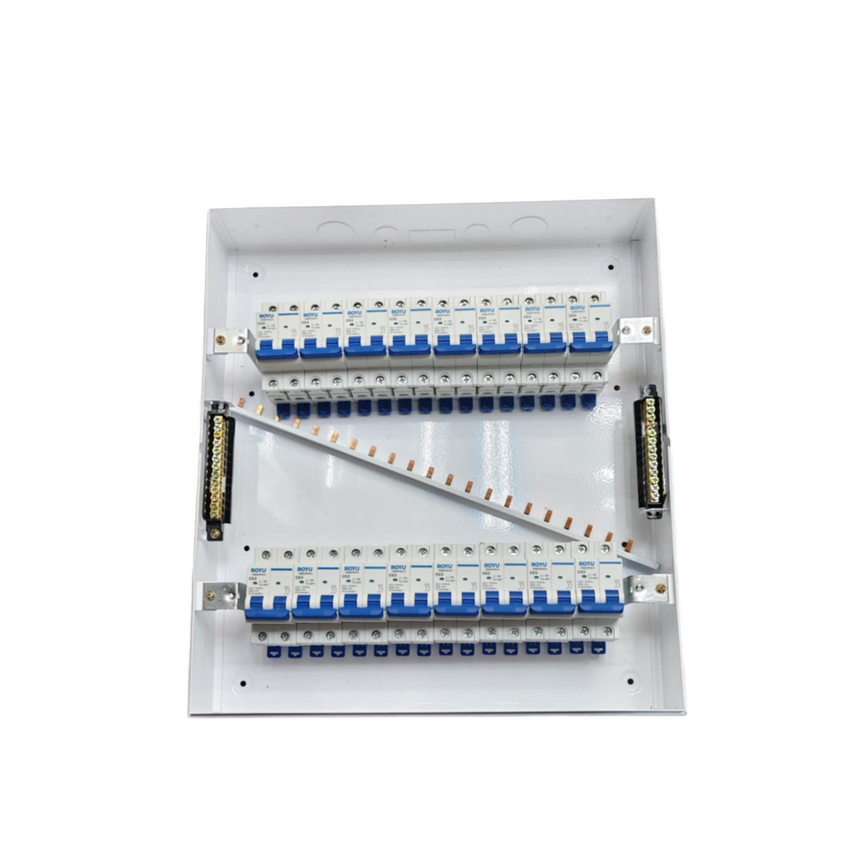Royu & ZY Breakers Panel Board 50A 2 Pole Main with multiple circuit breakers in white metal casing