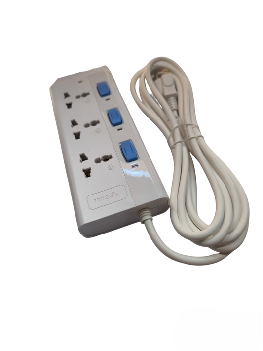 Bull 3 Gang Universal Outlet Extension Cord power strip with individual blue switches and long white cord